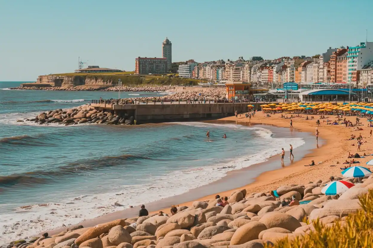 Beach in mar del plata, argentina, with vibrant cityscape and scenic coastline.