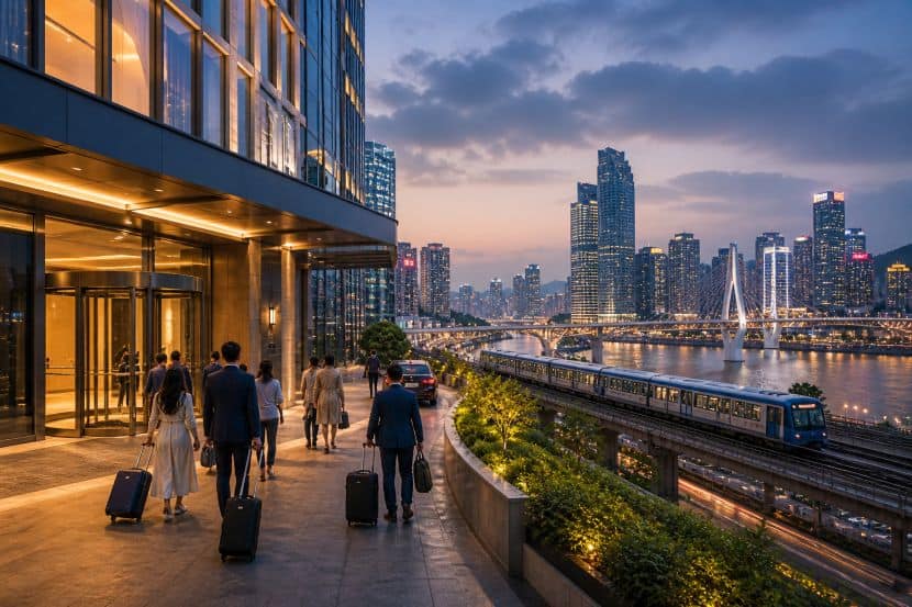 Travelers walking near hotel in a vibrant city with skyline and train in the bac.