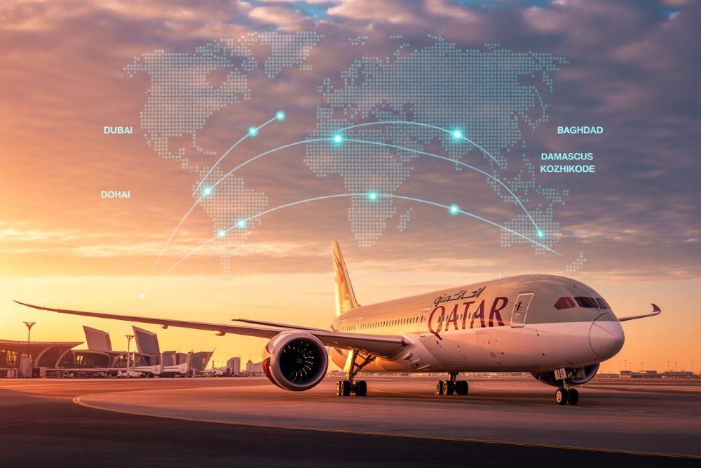 Qatar airways airplane at doha airport with global route map overlay.