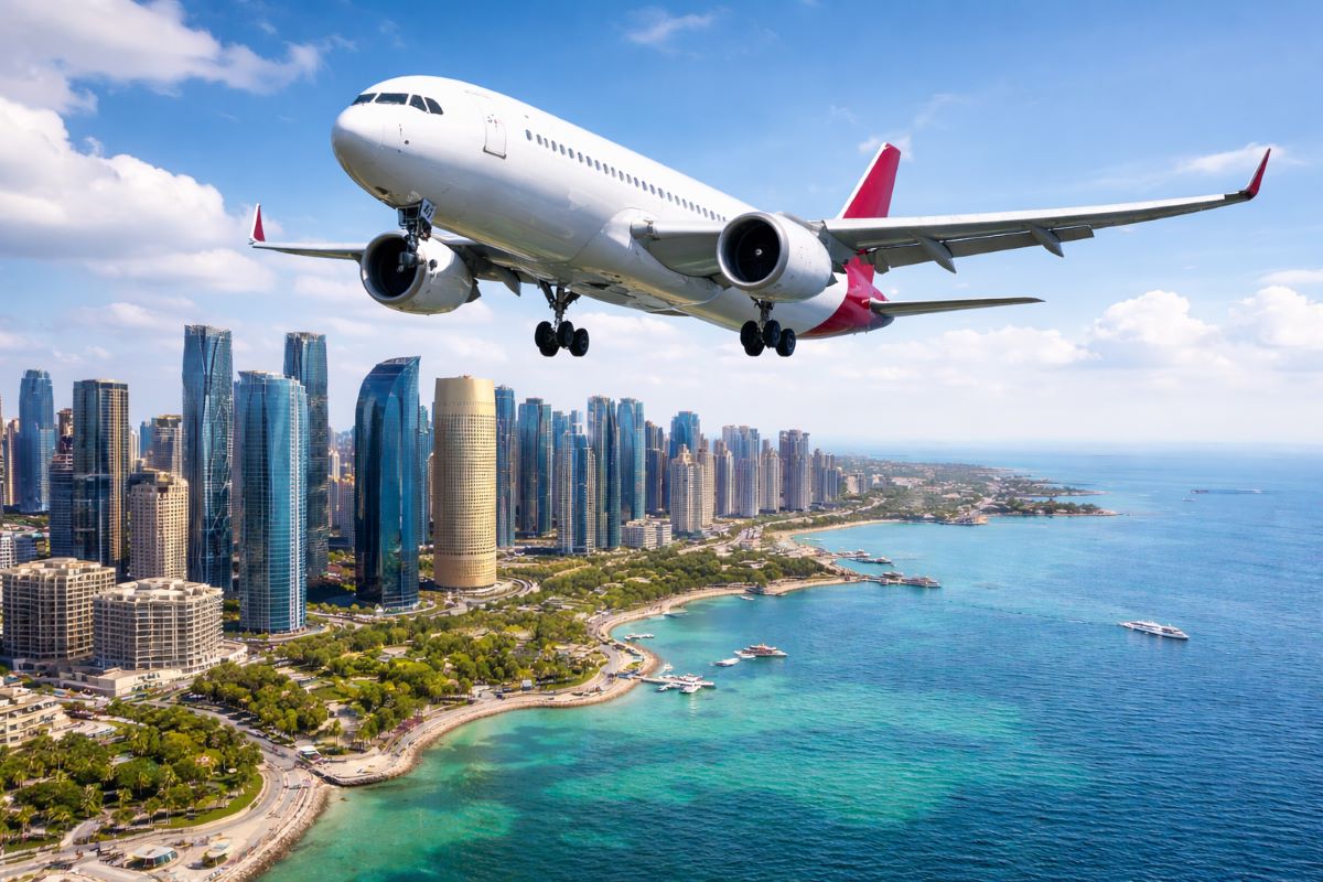 Airplane flying over doha skyline and coastline, qatar travel news.