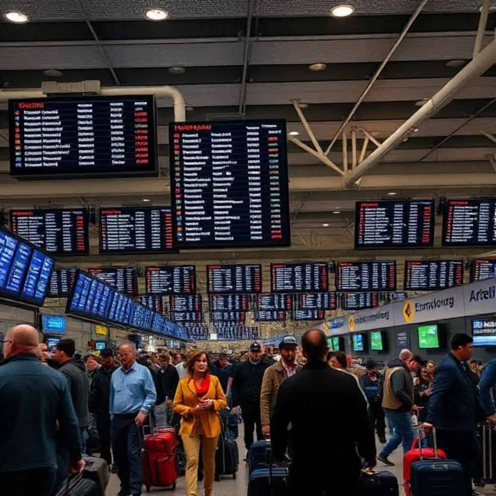 Airline departure boards at u. S. Airport.