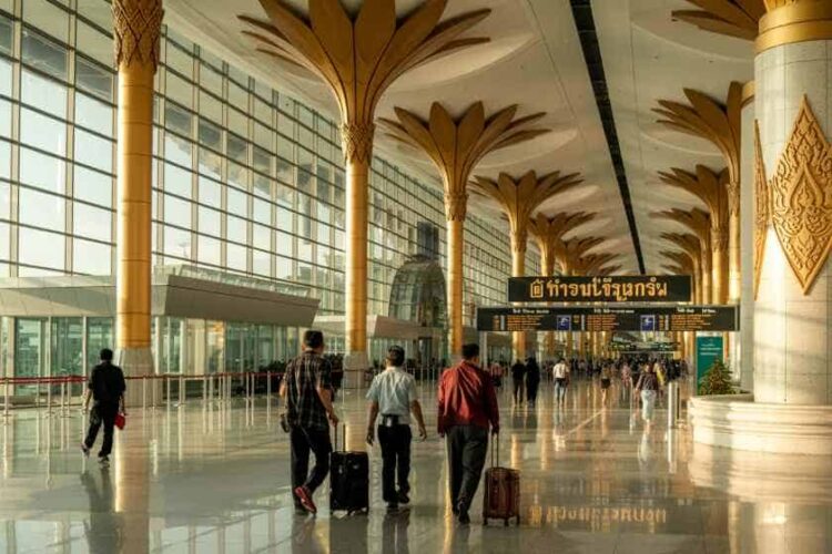 Passengers walking through an airport terminal with luggage.