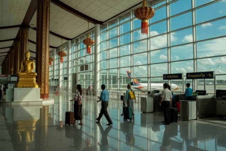 Airport terminal with travelers and luggage at check-in counters.