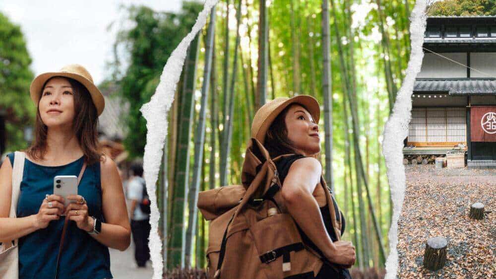 Woman with backpack exploring bamboo forest in thailand.