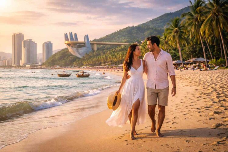 Couple walking on da nang beach with modern city skyline and mountains in the ba.