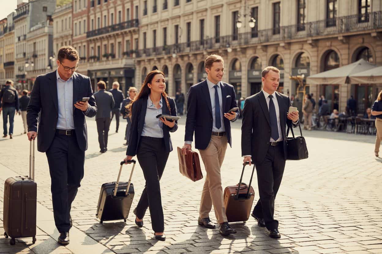 Business travelers walking with luggage in city square.